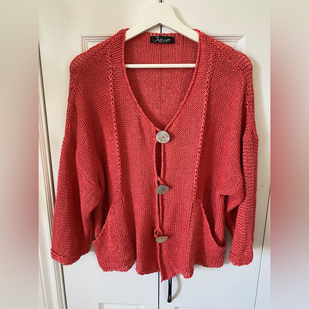 John P. Greece loose knit cardigan in Coral with Abalone Shell buttons - Picture 4 of 15